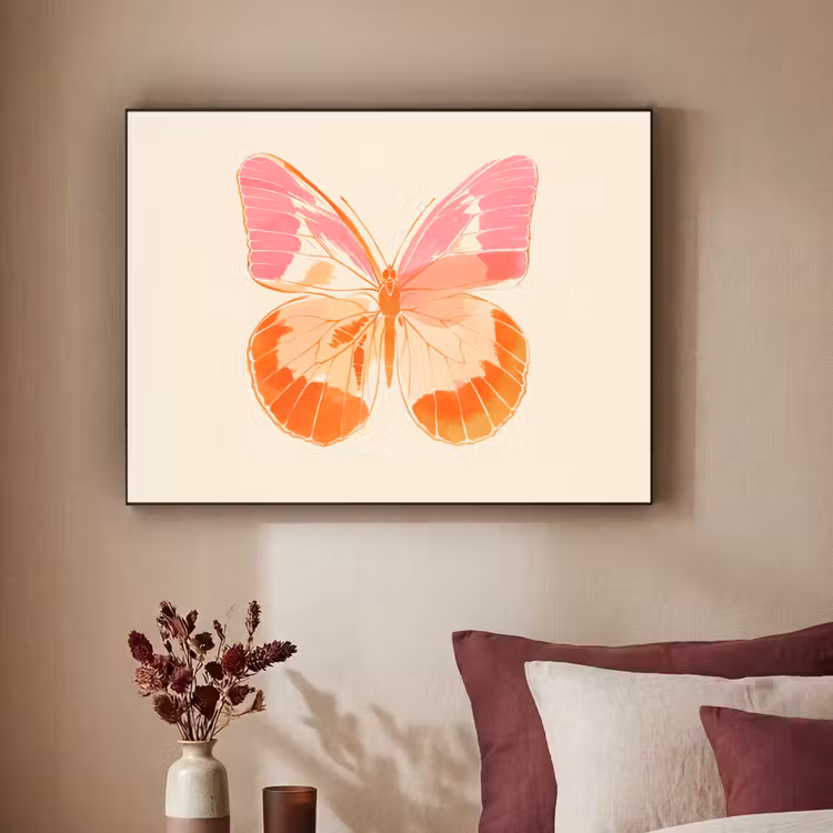 Oranje - Vlinder - Minimalistisch Textielframe - compleet frame klein -sfeer1
