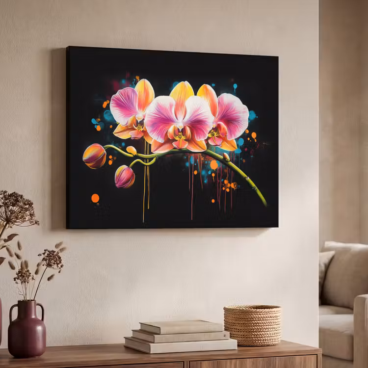 Orchidee - Graffiti - Kleurrijk - Bloemen - Abstract Textielframe - compleet frame klein -sfeer3