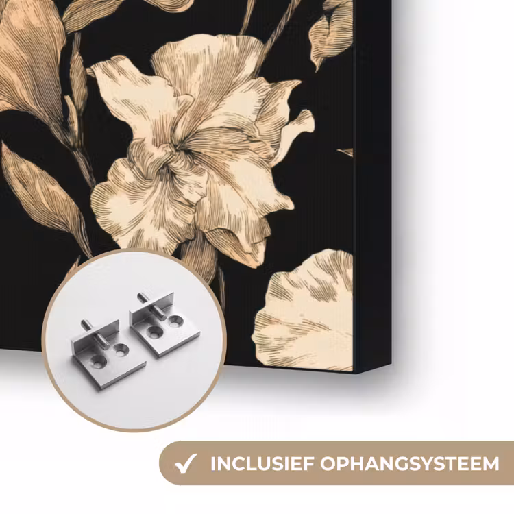 Orchideeën - Lijntekening - Patroon - Beige - Zwart Textielframe zwart klein 947 -USP_ophangsysteemNL