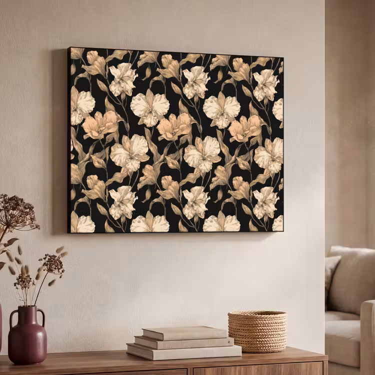 Orchideeën - Lijntekening - Patroon - Beige - Zwart Textielframe zwart klein 947 -sfeer3