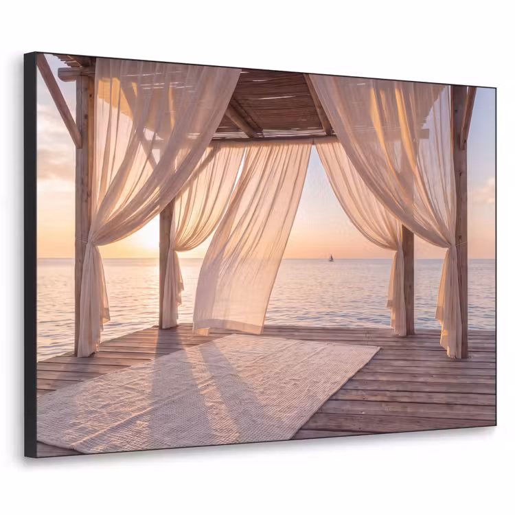 Overkapping - Zee - Zonsondergang - Vakantie - Rust Textielframe zwart klein -3d