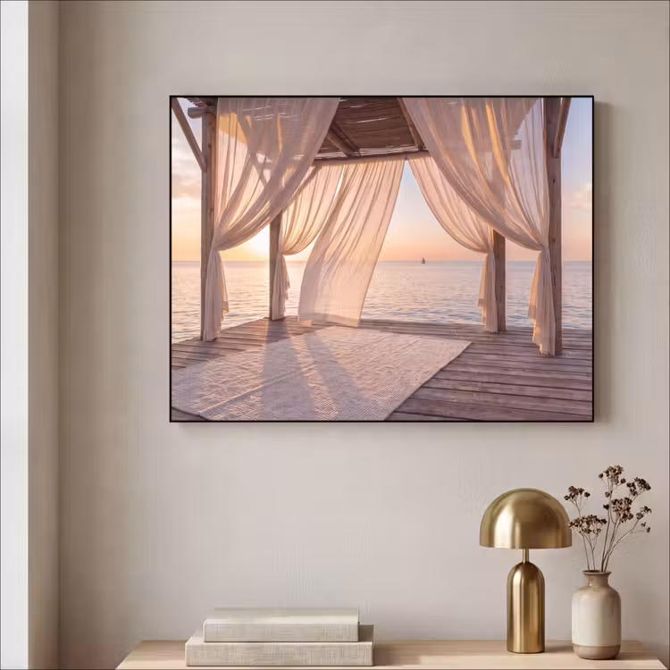 Overkapping - Zee - Zonsondergang - Vakantie - Rust Textielframe zwart klein -sfeer2