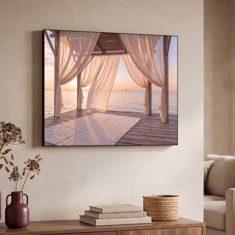 Overkapping - Zee - Zonsondergang - Vakantie - Rust Textielframe zwart klein -sfeer3