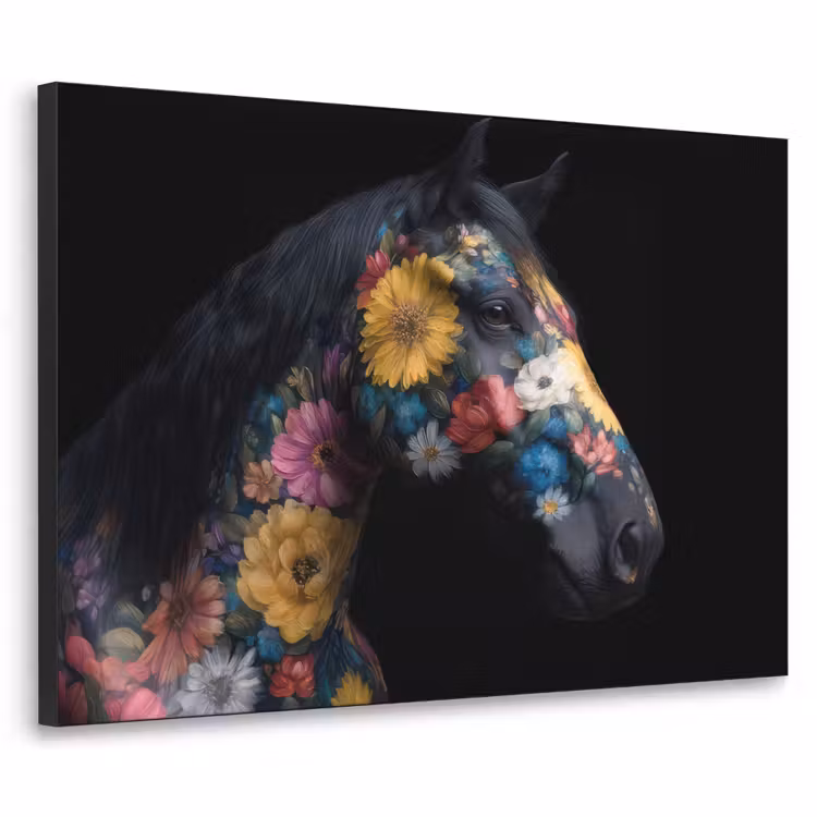 Paard - Bloemen - Zwart Textielframe - compleet frame klein -3d