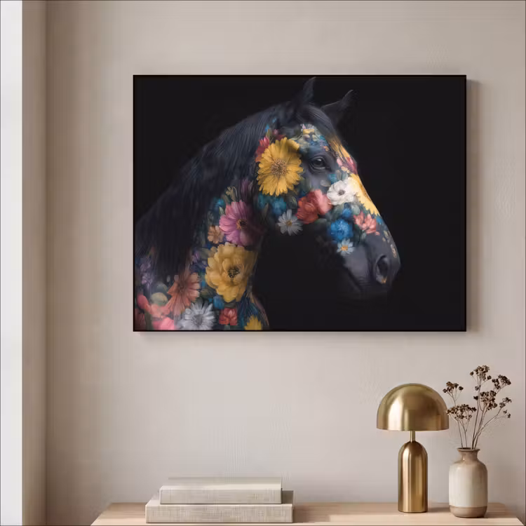 Paard - Bloemen - Zwart Textielframe zwart klein -sfeer2