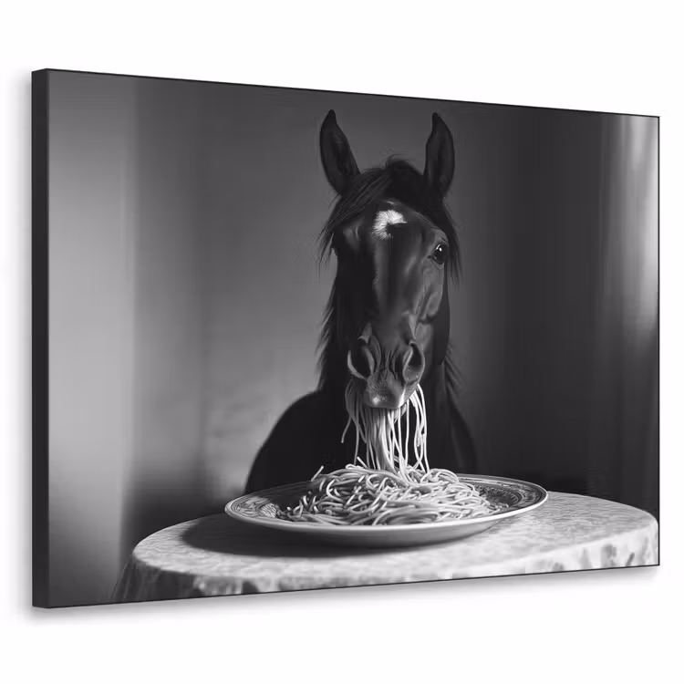Paard - Bord - Pasta - Tafelkleed - Zwart Wit - Dieren Textielframe - compleet frame klein -3d