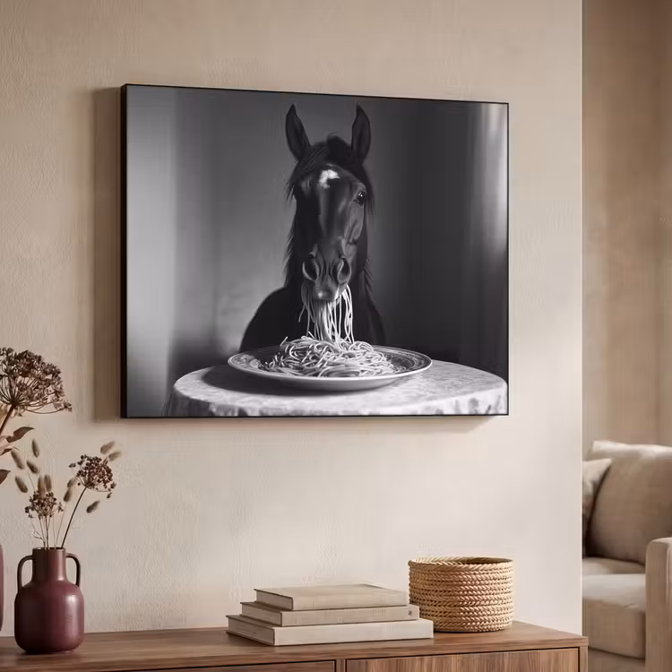 Paard - Bord - Pasta - Tafelkleed - Zwart Wit - Dieren Textielframe - compleet frame klein -sfeer3