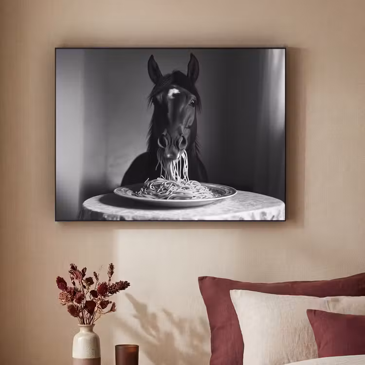 Paard - Bord - Pasta - Tafelkleed - Zwart Wit - Dieren Textielframe zwart klein -sfeer1