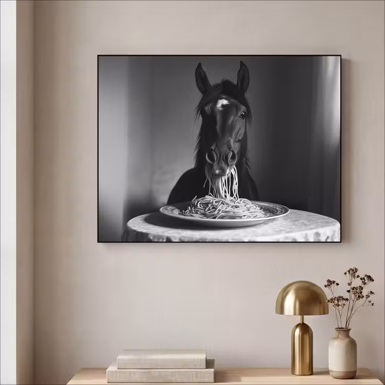 Paard - Bord - Pasta - Tafelkleed - Zwart Wit - Dieren Textielframe zwart klein -sfeer2