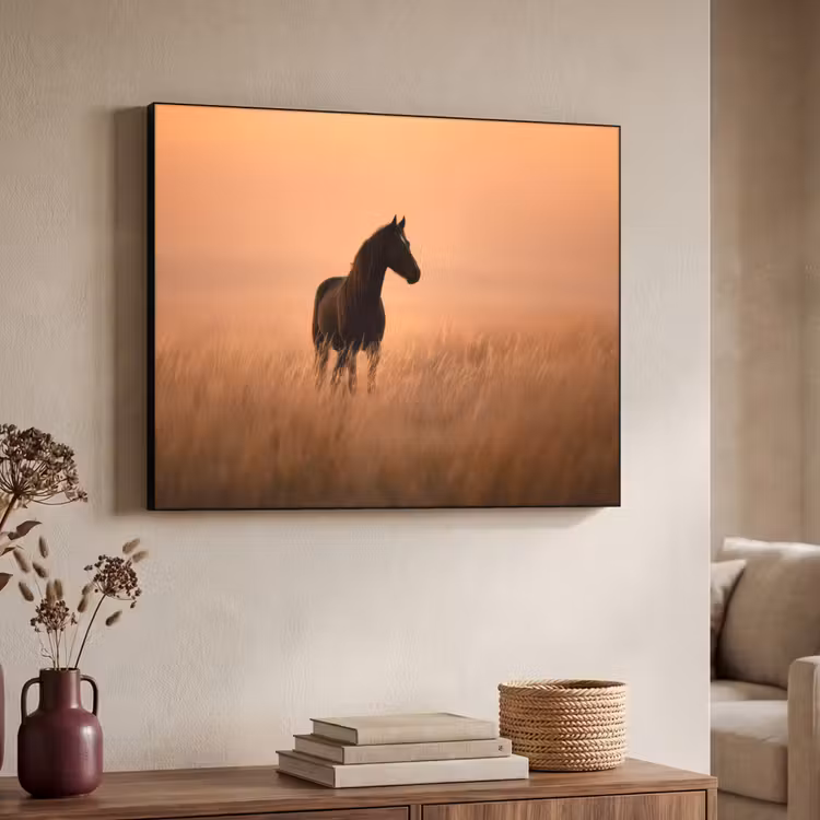Paard - Grasveld - Zonsondergang Textielframe zwart klein -sfeer3