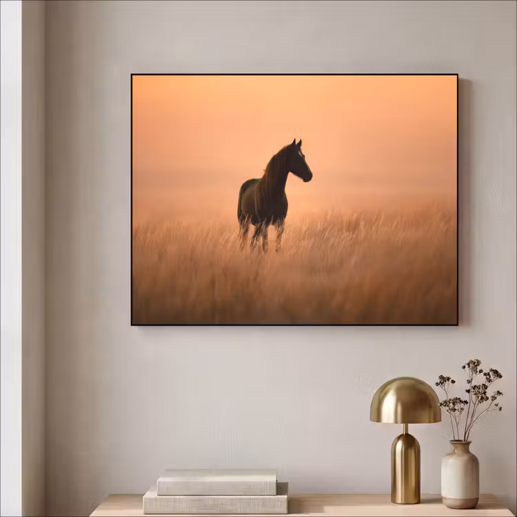Paard - Grasveld - Zonsondergang Textielframe - compleet frame klein -sfeer2