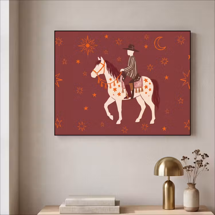 Paard - Ruiter - Sterren - Nacht - Illustratie Textielframe zwart klein -sfeer2