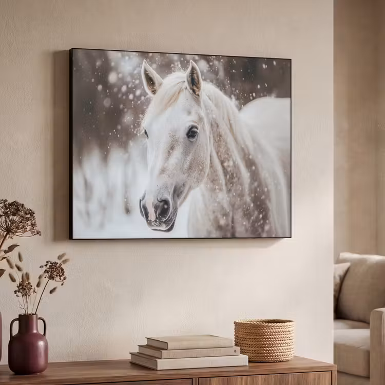 Paard - Wit - Winter - Natuur - Sneeuw - Dieren Textielframe - compleet frame klein -sfeer3