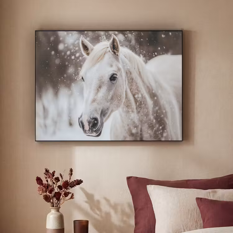 Paard - Wit - Winter - Natuur - Sneeuw - Dieren Textielframe zwart klein -sfeer1