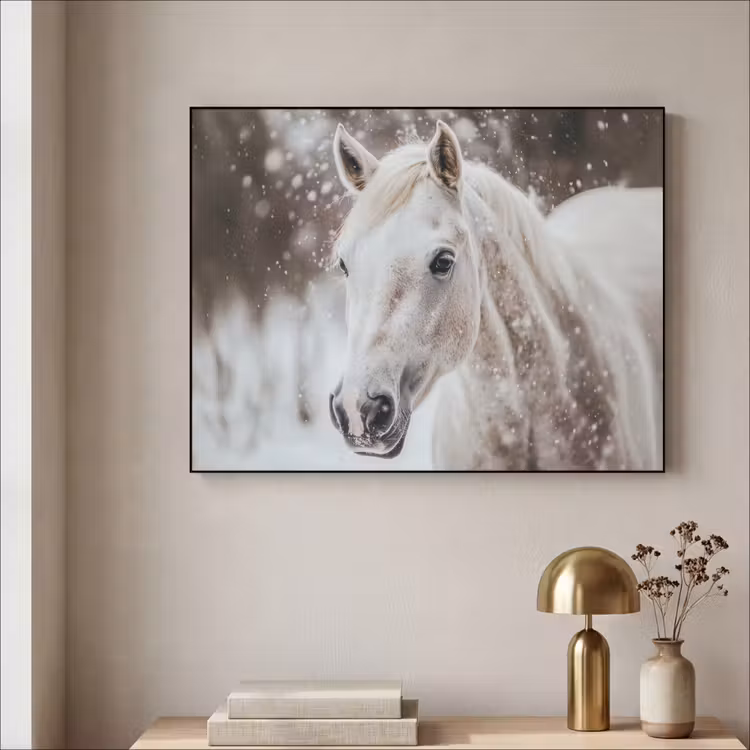Paard - Wit - Winter - Natuur - Sneeuw - Dieren Textielframe - compleet frame klein -sfeer2