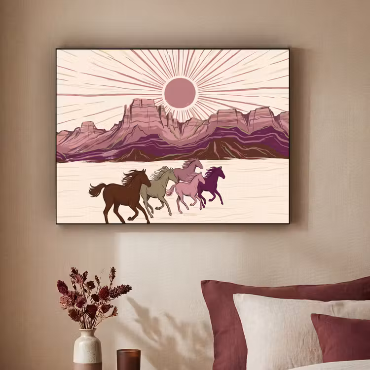 Paarden - Rennend - Woestijn - Natuur - Abstract Textielframe zwart klein -sfeer1