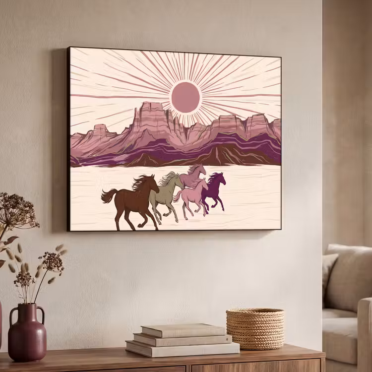 Paarden - Rennend - Woestijn - Natuur - Abstract Textielframe zwart klein -sfeer3