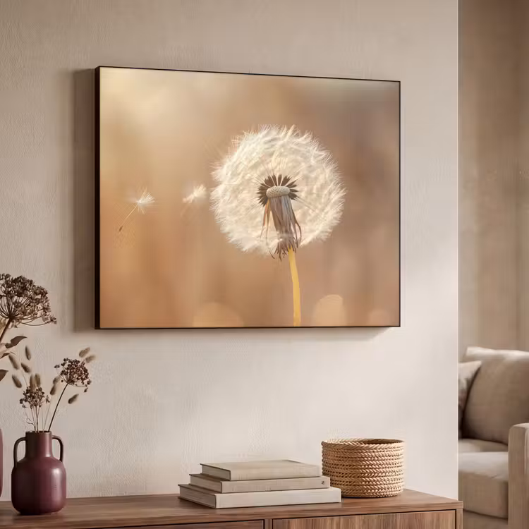 Paardenbloem - Beige - Natuur - Bloem Textielframe zwart klein -sfeer3