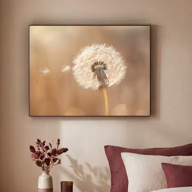 Paardenbloem - Beige - Natuur - Bloem Textielframe zwart klein -sfeer1