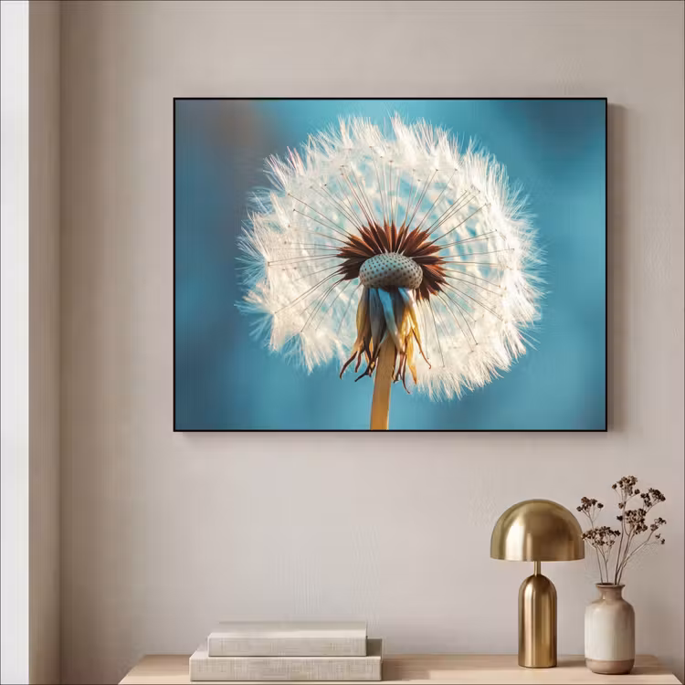 Paardenbloem - Natuur - Bloemen - Blauw Textielframe zwart klein -sfeer2