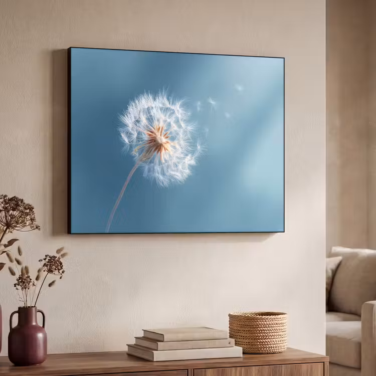 Paardenbloem - Wind - Blauw Textielframe zwart klein -sfeer3