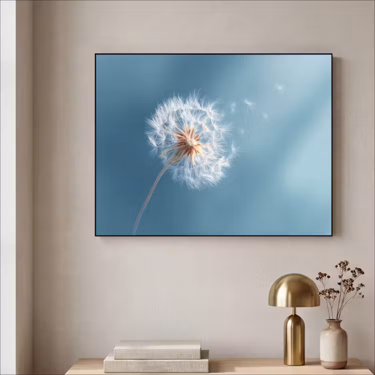 Paardenbloem - Wind - Blauw Textielframe zwart klein -sfeer2