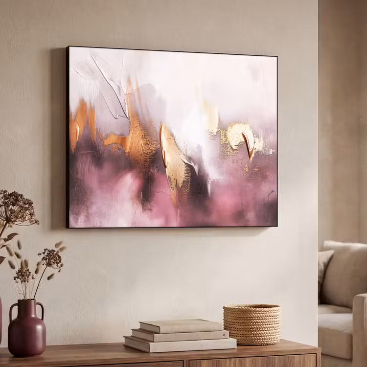 Paars - Abstract - Verf - Goud Textielframe zwart klein -sfeer3