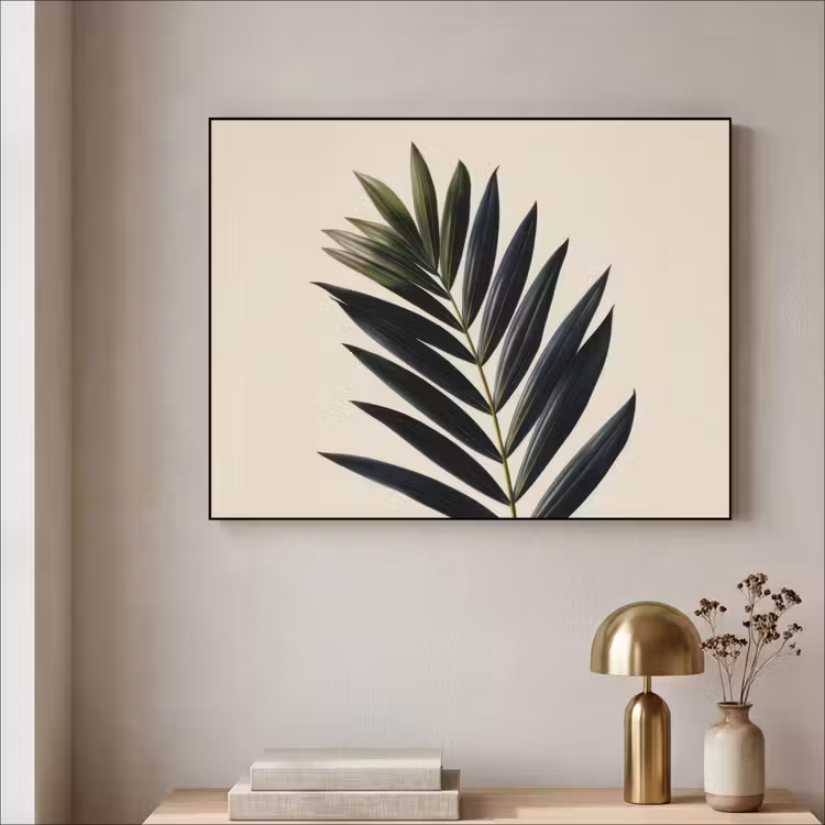 Palmblad - Donkere bladen - Subtiel Textielframe zwart klein -sfeer2