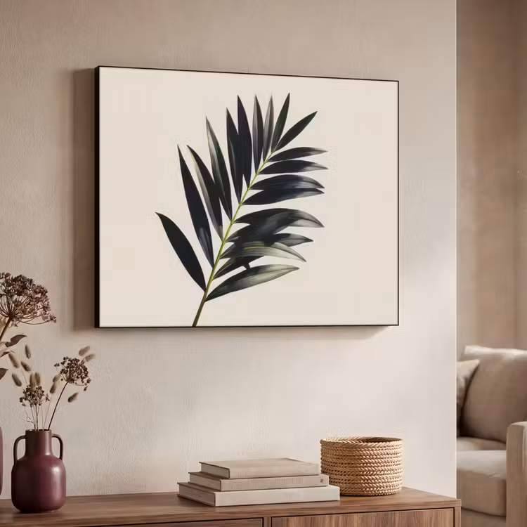 Palmblad - Subtiel - Groen - beige Textielframe zwart klein -sfeer3