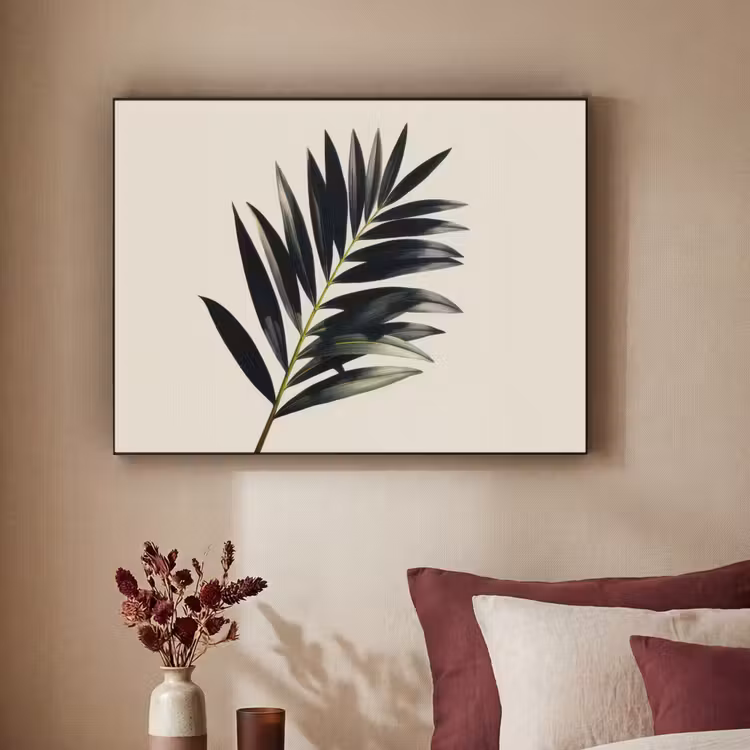 Palmblad - Subtiel - Groen - beige Textielframe - compleet frame klein -sfeer1