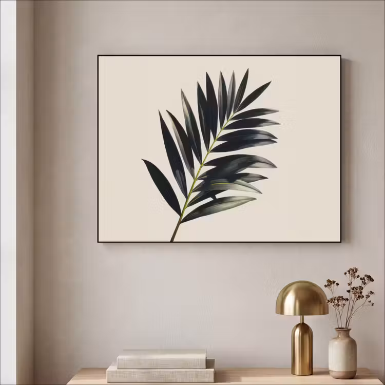 Palmblad - Subtiel - Groen - beige Textielframe - compleet frame klein -sfeer2
