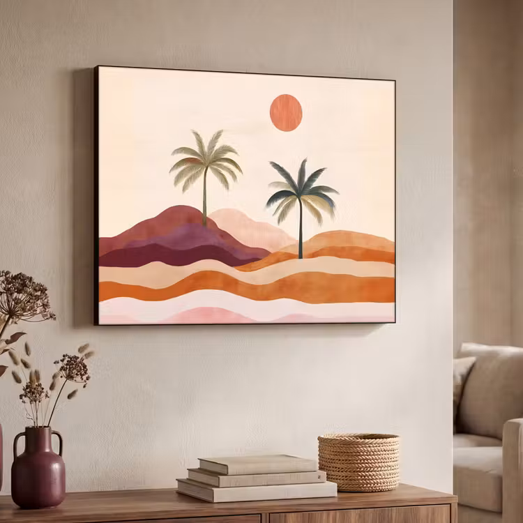 Palmbomen - Abstract - Zon - Heuvels Textielframe zwart klein -sfeer3