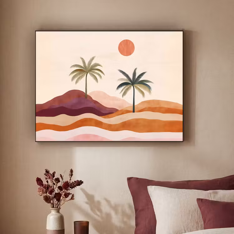 Palmbomen - Abstract - Zon - Heuvels Textielframe zwart klein -sfeer1