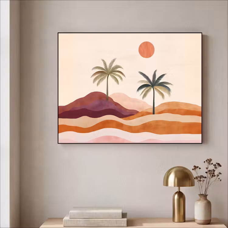 Palmbomen - Abstract - Zon - Heuvels Textielframe - compleet frame klein -sfeer2
