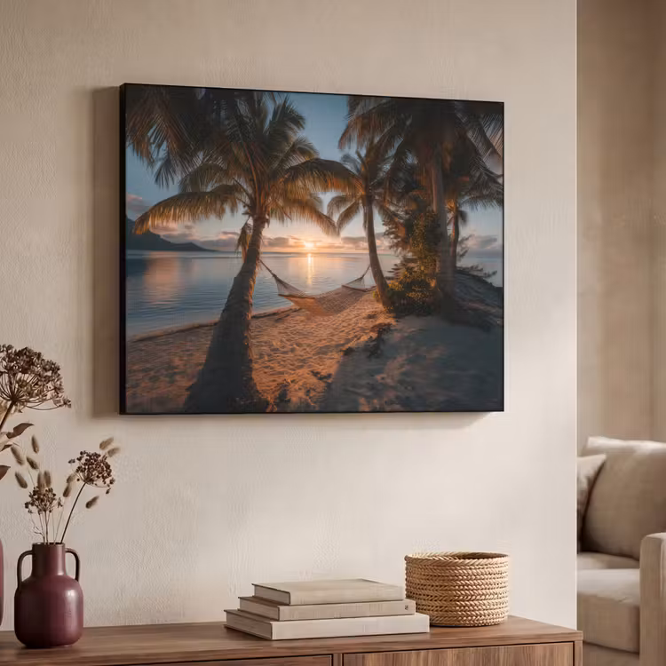 Palmbomen - Hangmat - Strand - Zonsondergang Textielframe zwart klein -sfeer3
