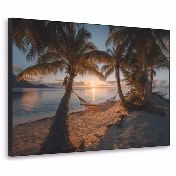 Palmbomen - Hangmat - Strand - Zonsondergang Textielframe zwart klein -3d