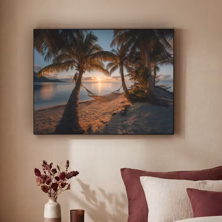 Palmbomen - Hangmat - Strand - Zonsondergang Textielframe zwart klein -sfeer1