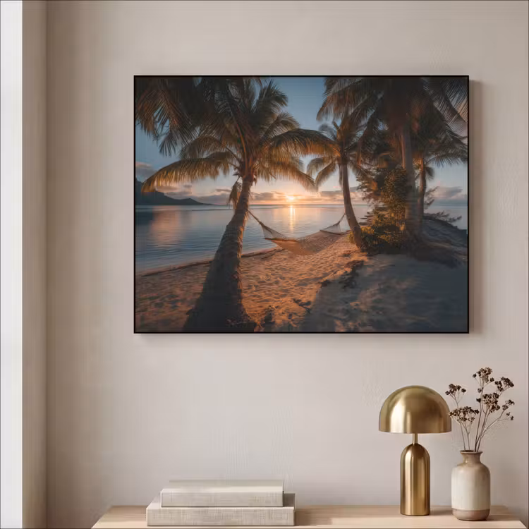 Palmbomen - Hangmat - Strand - Zonsondergang Textielframe - compleet frame klein -sfeer2