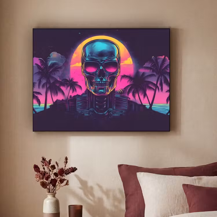 Palmbomen - Hoofd - Metallic - Zonsondergang Textielframe zwart klein -sfeer1