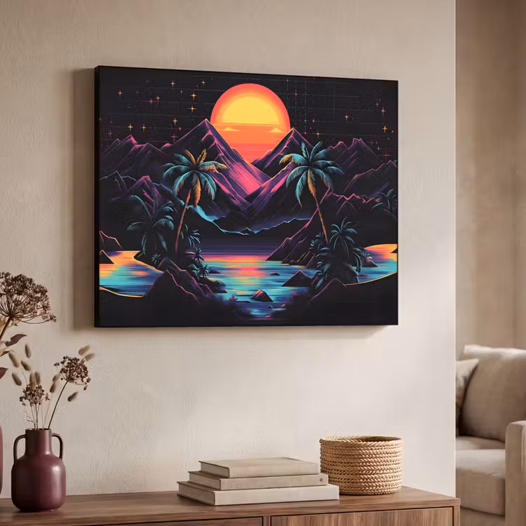 Palmbomen - Neonbergen - Sterrenhemel - Zon Textielframe - compleet frame klein -sfeer3
