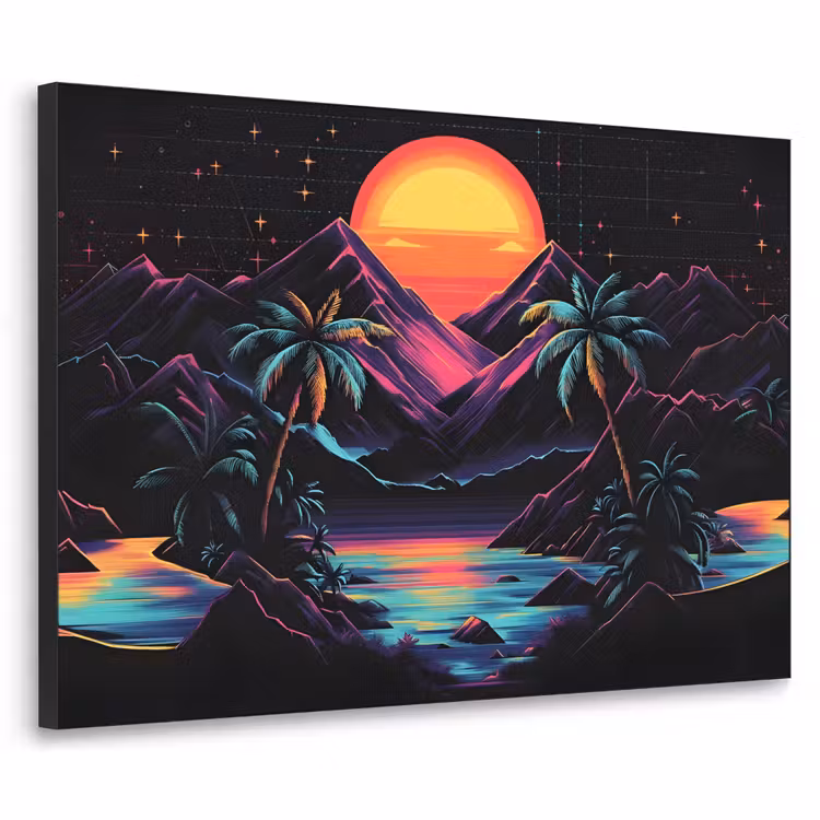 Palmbomen - Neonbergen - Sterrenhemel - Zon Textielframe zwart klein -3d