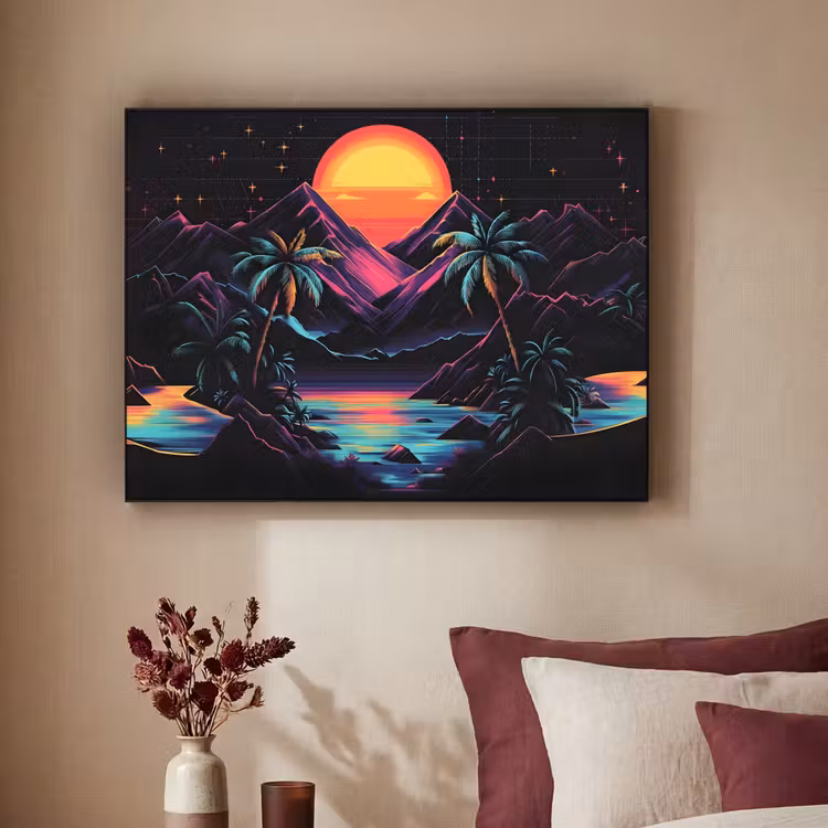 Palmbomen - Neonbergen - Sterrenhemel - Zon Textielframe - compleet frame klein -sfeer1