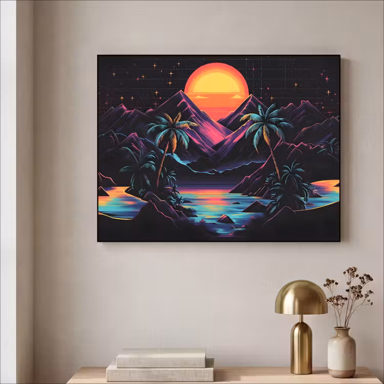Palmbomen - Neonbergen - Sterrenhemel - Zon Textielframe zwart klein -sfeer2