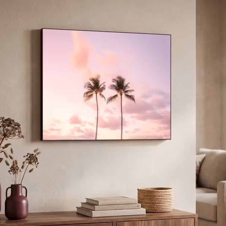 Palmbomen - Paars - Wolken - Lucht Textielframe - compleet frame klein -sfeer3
