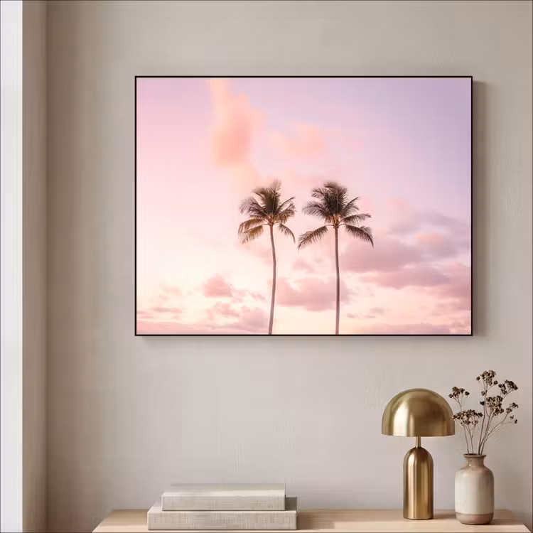 Palmbomen - Paars - Wolken - Lucht Textielframe zwart klein -sfeer2