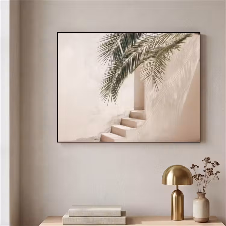 Palmboom - Schaduw - Trap - Beige Textielframe zwart klein -sfeer2