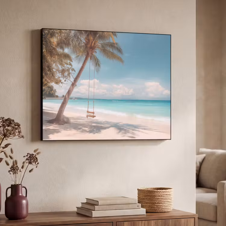 Palmboom - Schommel - Strand - Lucht Textielframe - compleet frame klein -sfeer3