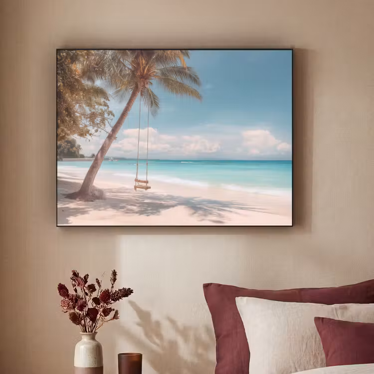 Palmboom - Schommel - Strand - Lucht Textielframe zwart klein -sfeer1