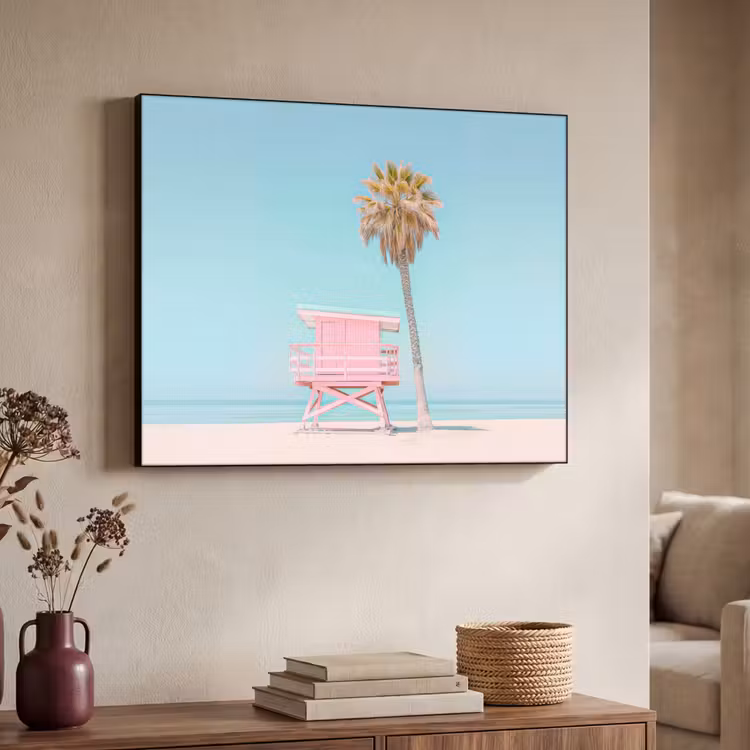 Palmboom - Strandhuis - Roze Textielframe zwart klein -sfeer3
