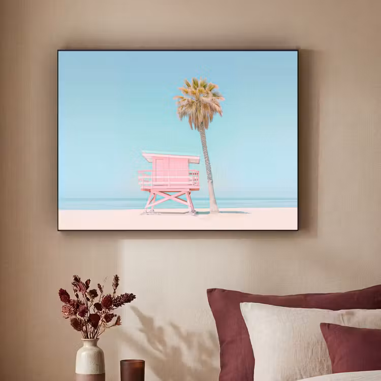 Palmboom - Strandhuis - Roze Textielframe - compleet frame klein -sfeer1